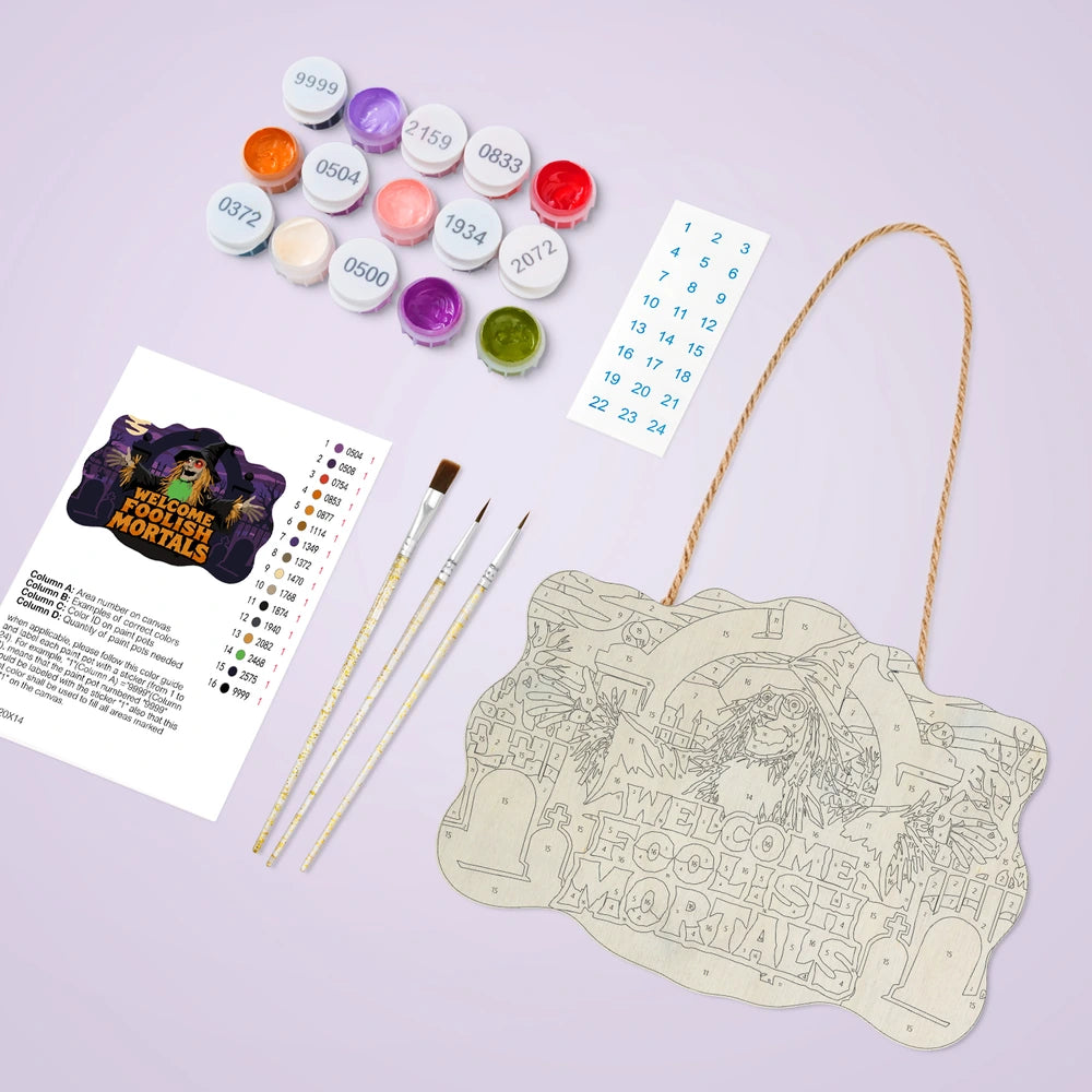 Paint by Numbers - Wooden Door Hanger | Welcome Foolish Mortals Scarecrow