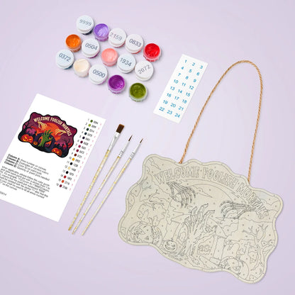 Paint by Numbers - Wooden Door Hanger | Welcome Foolish Mortals Zombie Hand