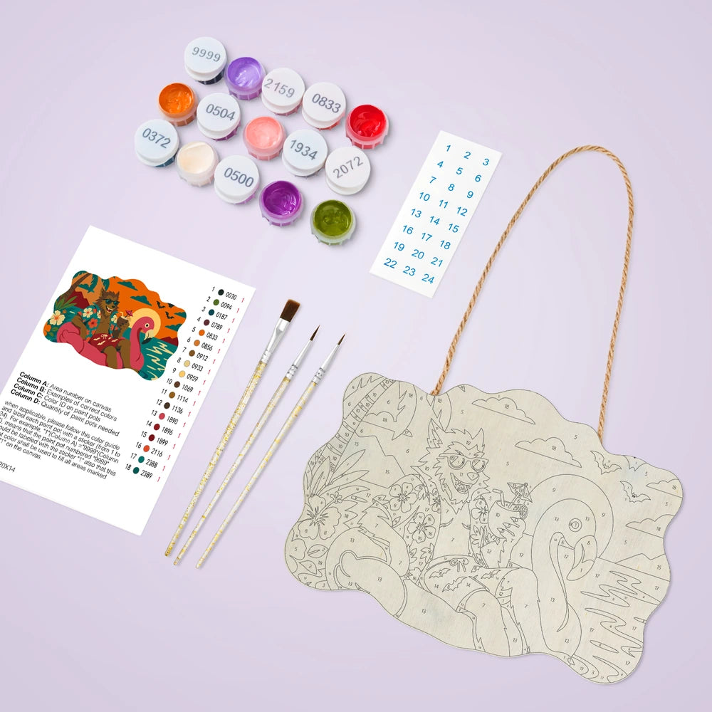 Paint by Numbers - Wooden Door Hanger | Werewolf on a Flamingo Float