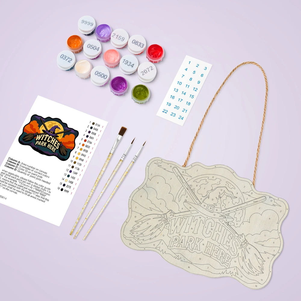 Paint by Numbers - Wooden Door Hanger | Witches Park Here Crossed Brooms