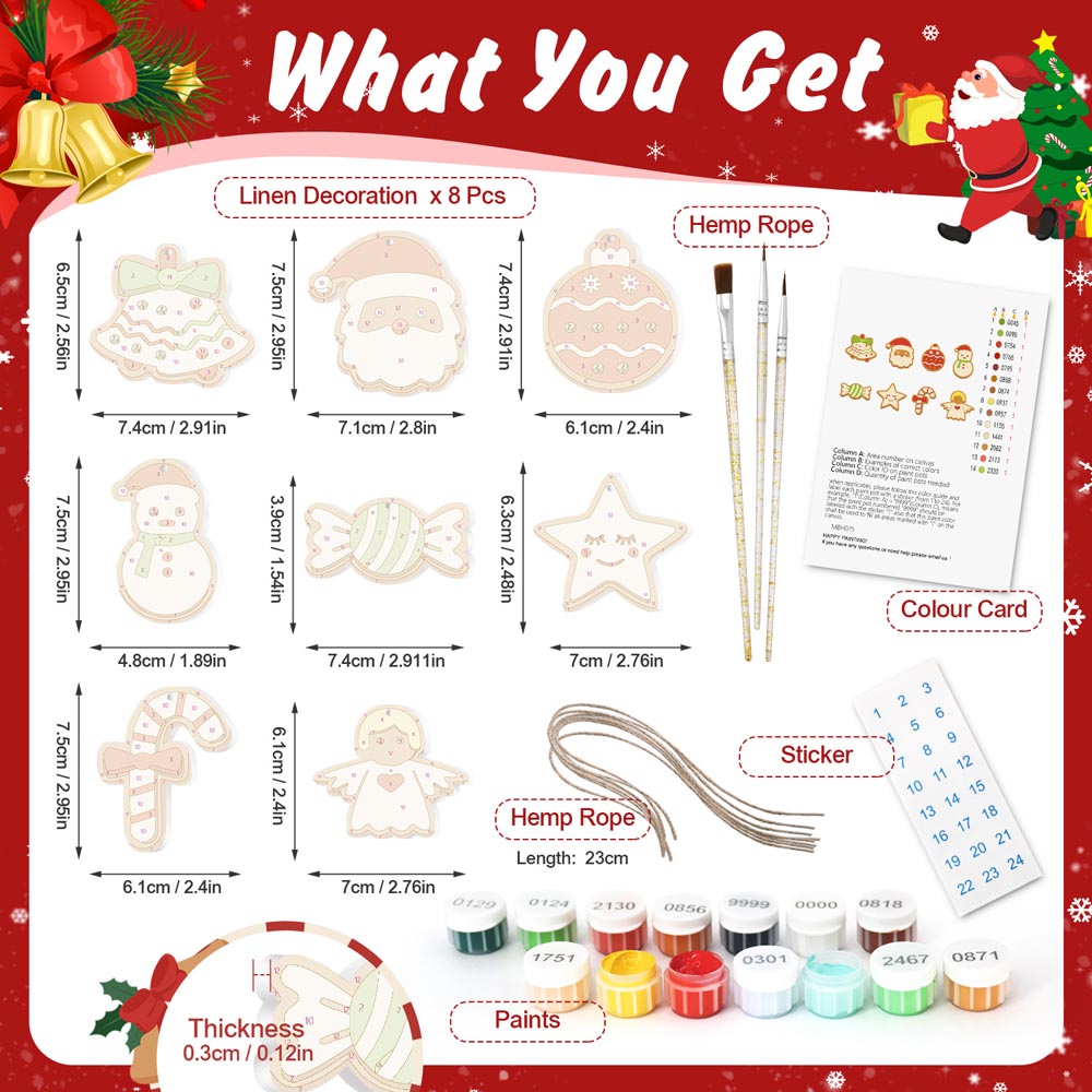 Paint by Numbers – 8 Christmas Ornaments – Santa, Snowman & Sweet Holiday Treats Set