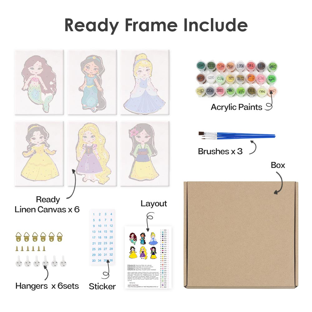 
Paint by Numbers – 6 Mini Paintings | Cute Princess Characters Set