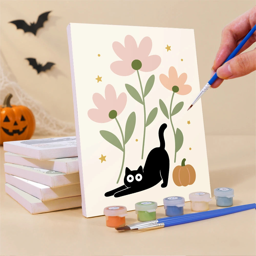 Paint by Numbers – 6 Mini Paintings | Black Cats Among Wildflowers Set