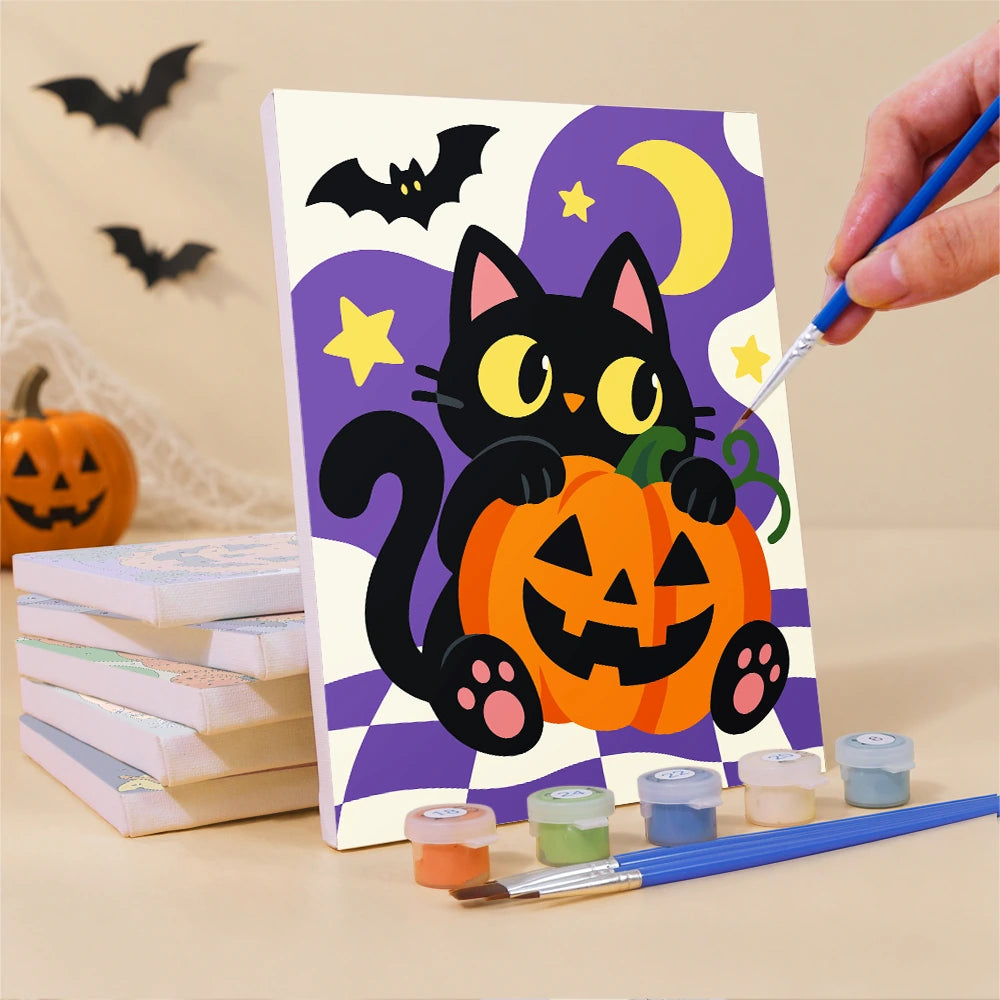 
Paint by Numbers – 6 Mini Paintings | Black Cats on Jack-o'-Lanterns Set