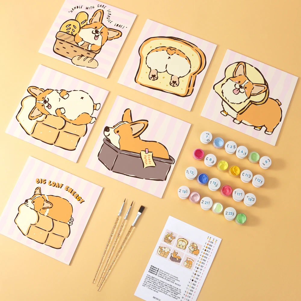 Paint by Numbers – 6 Mini Paintings | Corgi Bread Bakery (Square)