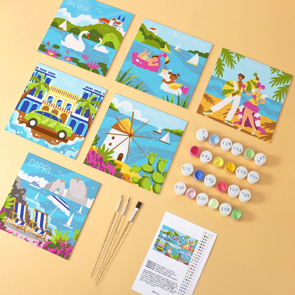 Paint by Numbers – 6 Mini Paintings | European Holiday Postcards (Square)