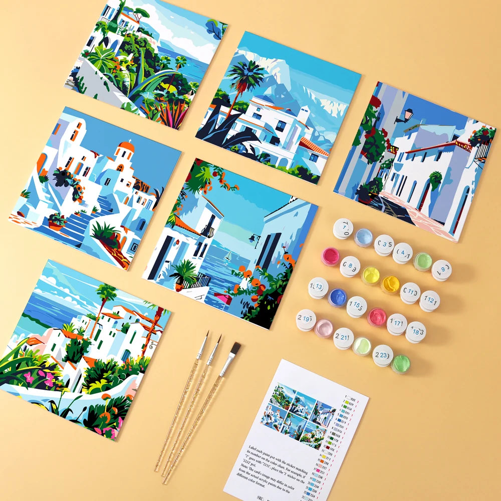 Paint by Numbers – 6 Mini Paintings | Greek Island Alleys (Square)