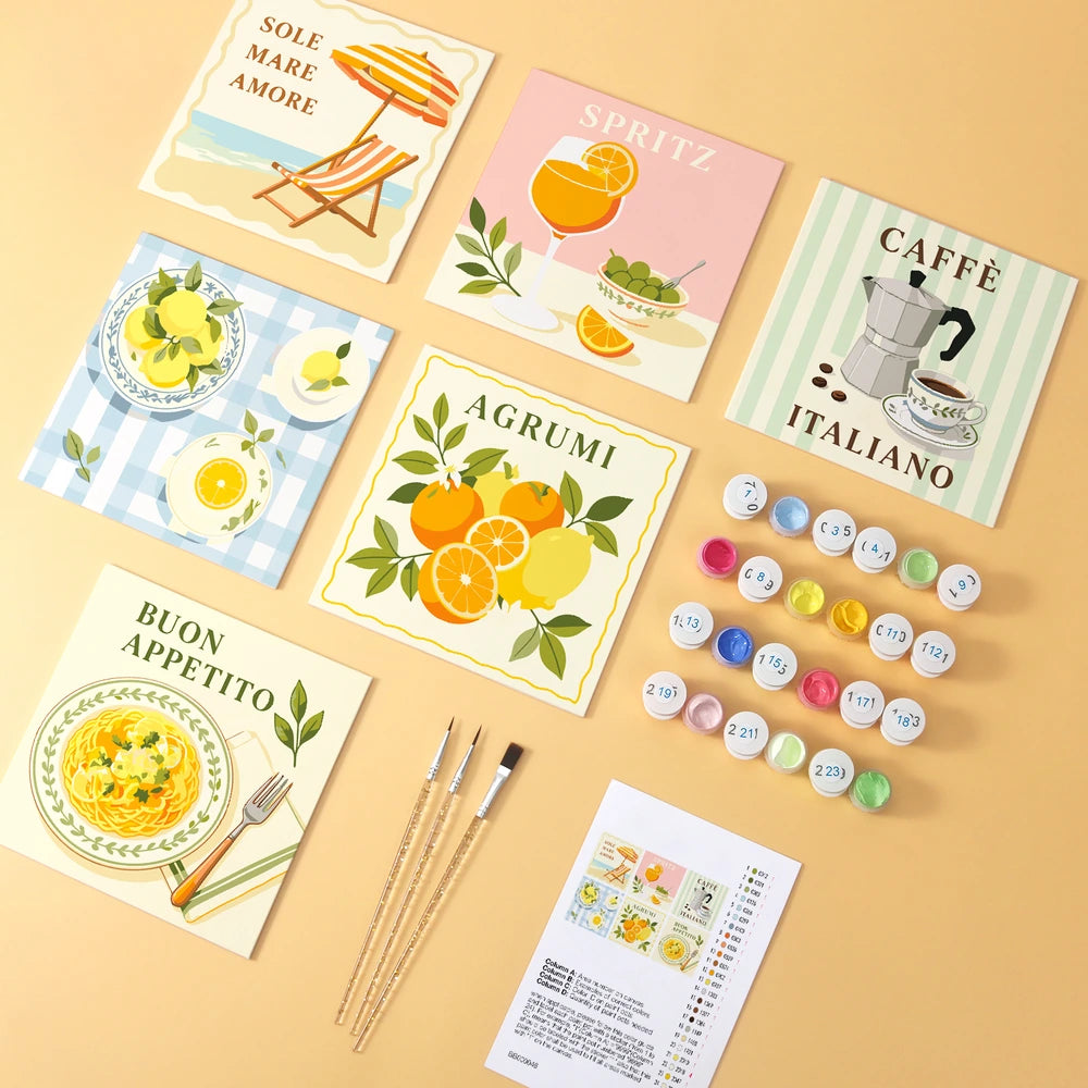 Paint by Numbers – 6 Mini Paintings | Italian Summer Labels (Square)