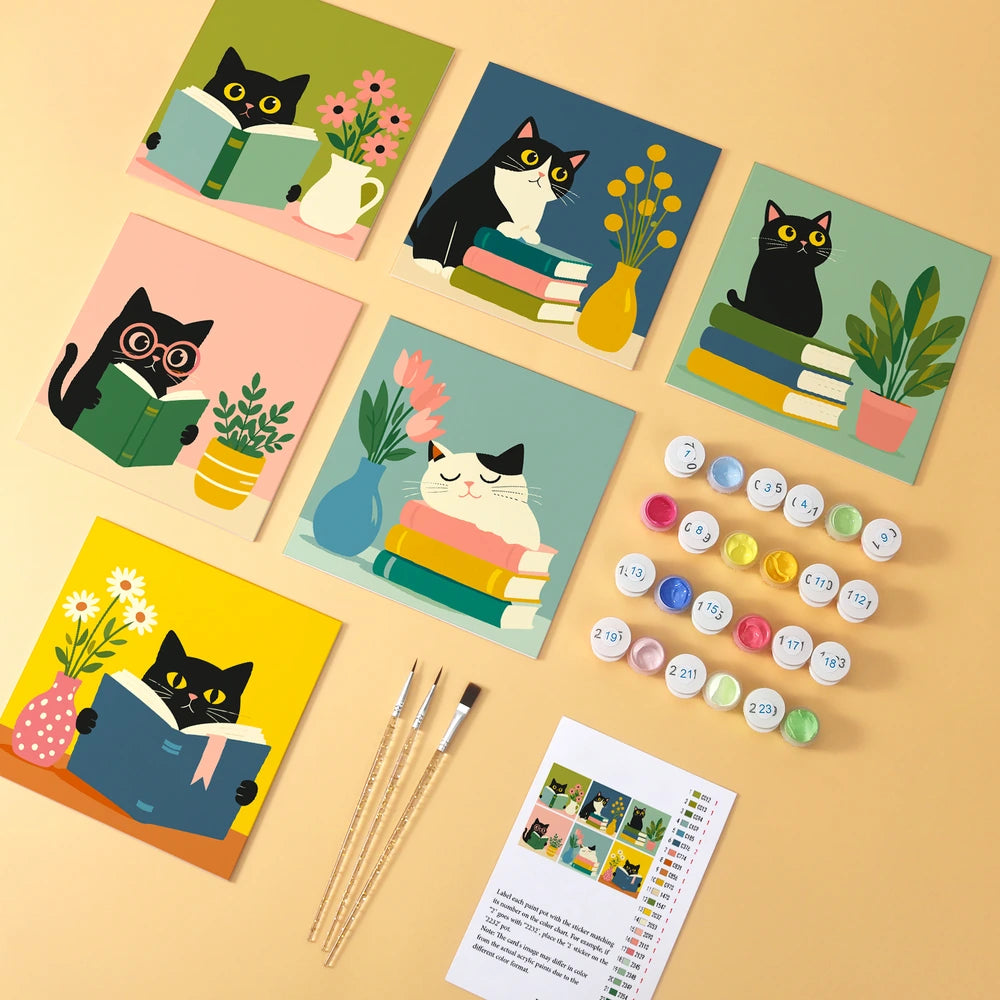 Paint by Numbers – 6 Mini Paintings | Reading Cats with Books (Square)