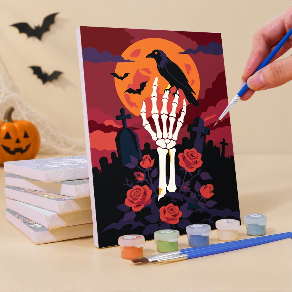 
Paint by Numbers – 6 Mini Paintings | Skulls and Pumpkins by Moonlight Set