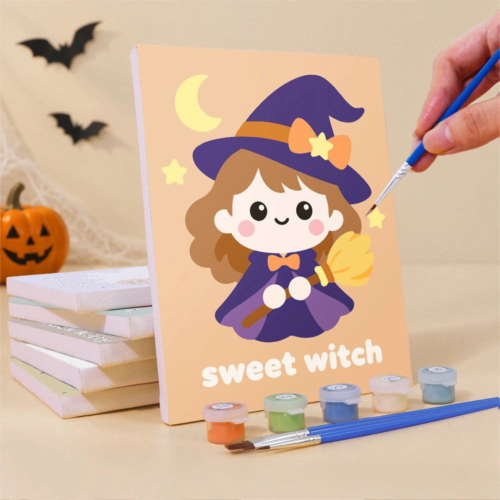 
Paint by Numbers – 6 Mini Paintings | Sweet Witch and Baby Bat Set