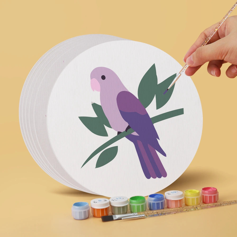 Paint by Numbers – 6 Mini Paintings | Tropical Birds on Branches (Round)