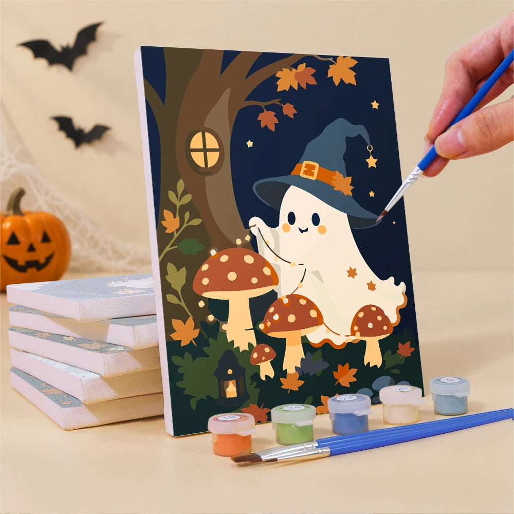 
Paint by Numbers – 6 Mini Paintings | Witch Hat Ghosts at Night Set