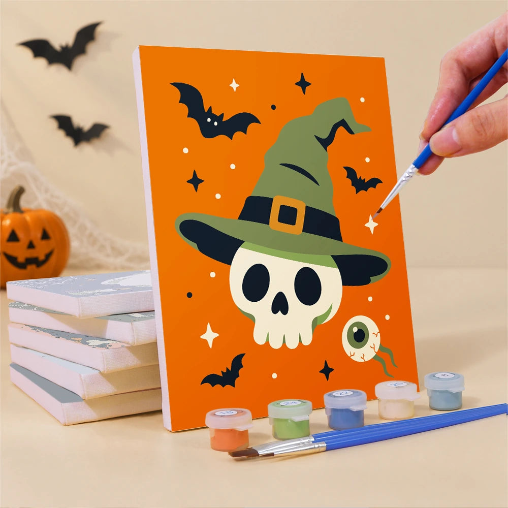 
Paint by Numbers – 6 Mini Paintings | Witch Hat Skull and Broomstick Set