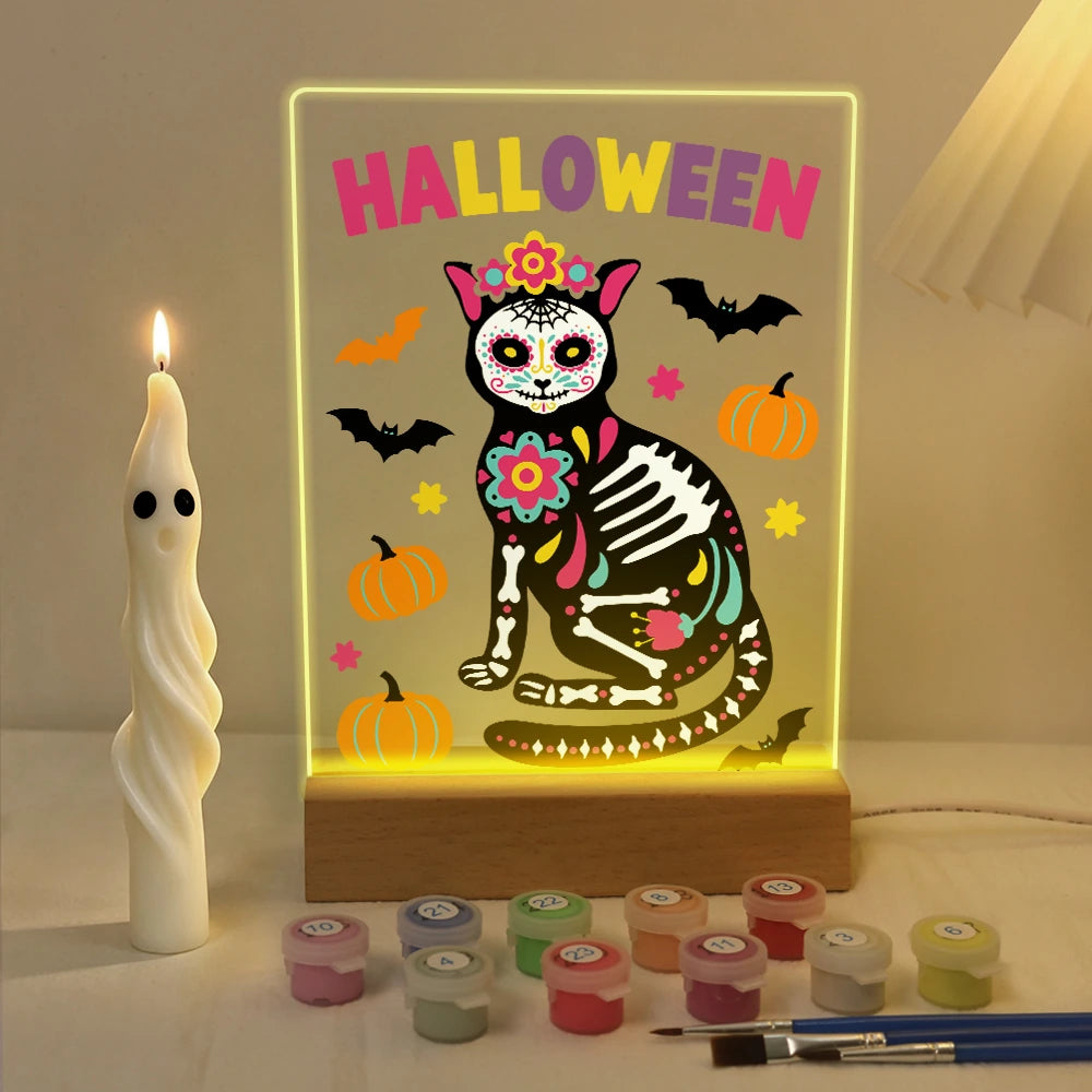 
Paint by Numbers - Halloween Light | Sugar Skull Cat with Flowers