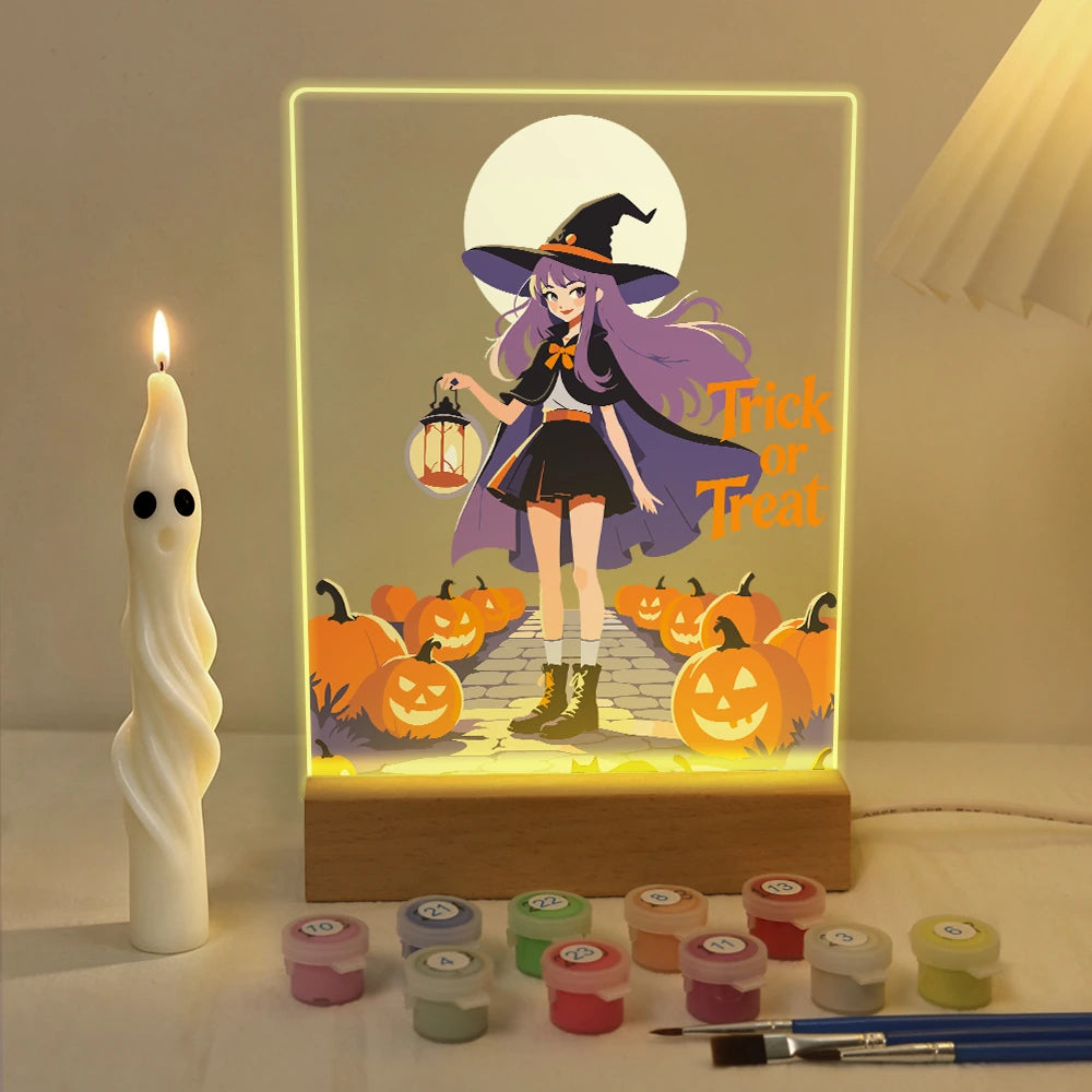 Paint by Numbers - Halloween Light | Witch with Lantern at Full Moon