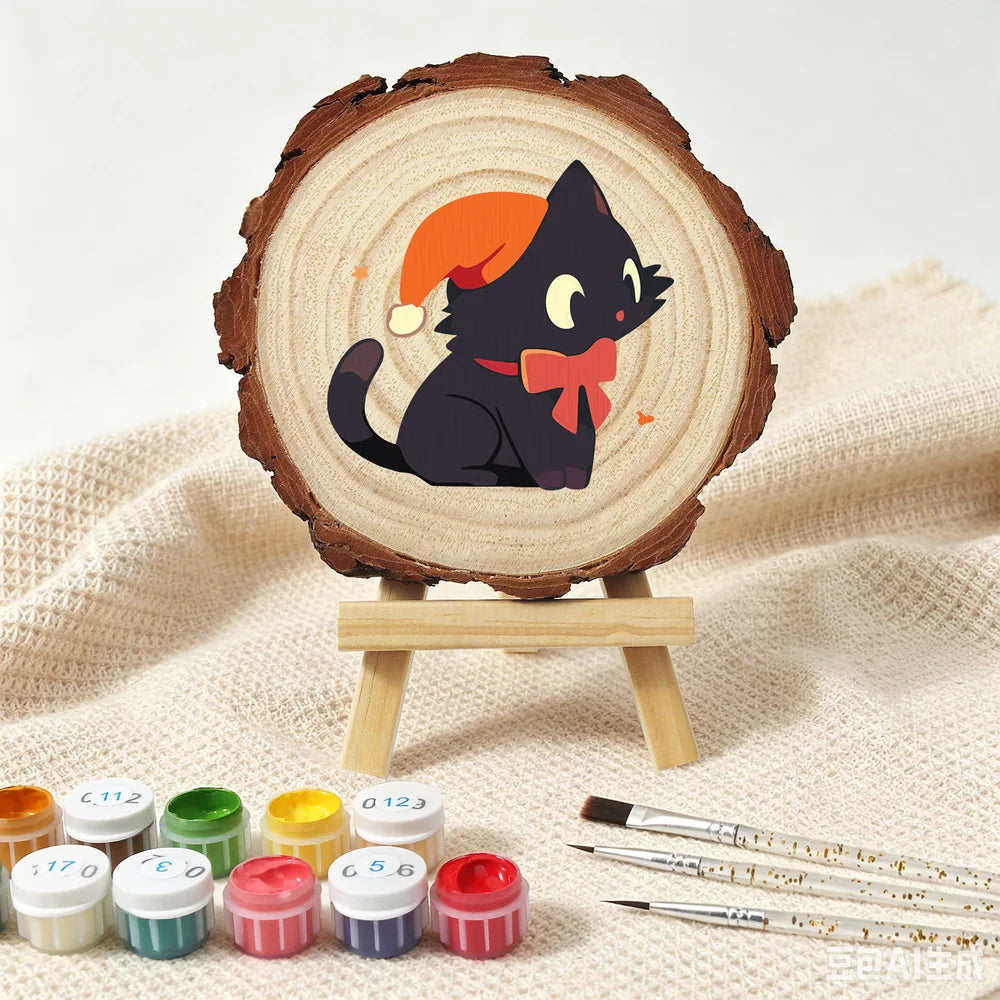
Paint by Numbers - Wood Slice | Black Cat with an Orange Hat