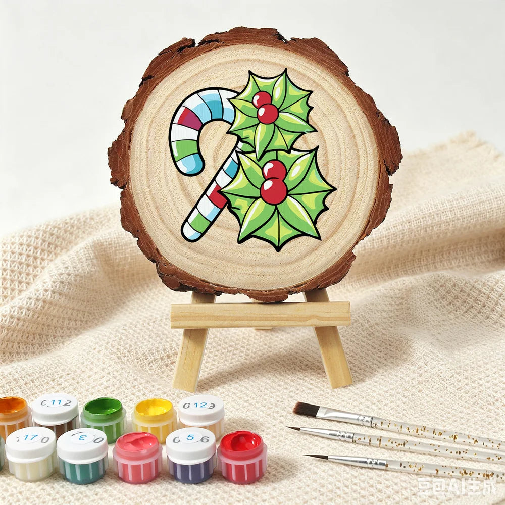 
Paint by Numbers - Wood Slice | Candy Cane and Holly