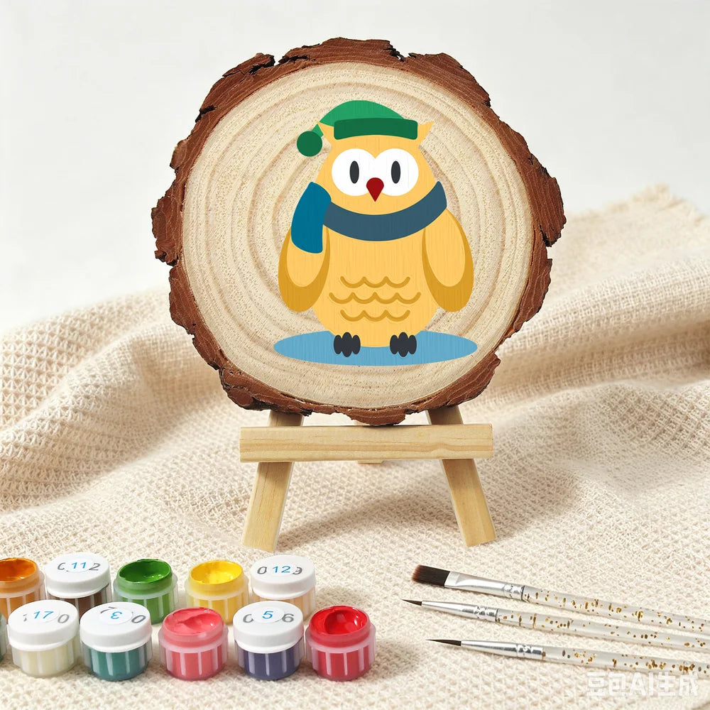 Paint by Numbers - Wood Slice | Owl in a Winter Scarf