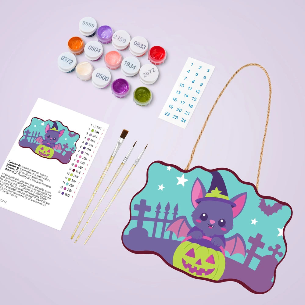 Paint by Numbers - Wooden Door Hanger | Bat in a Witch Hat with a Pumpkin