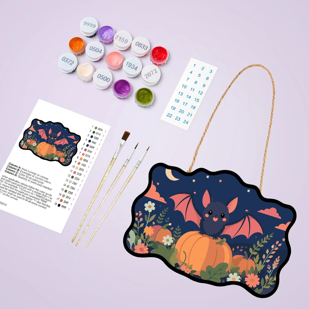 Paint by Numbers - Wooden Door Hanger | Bat on Pumpkins at Dusk