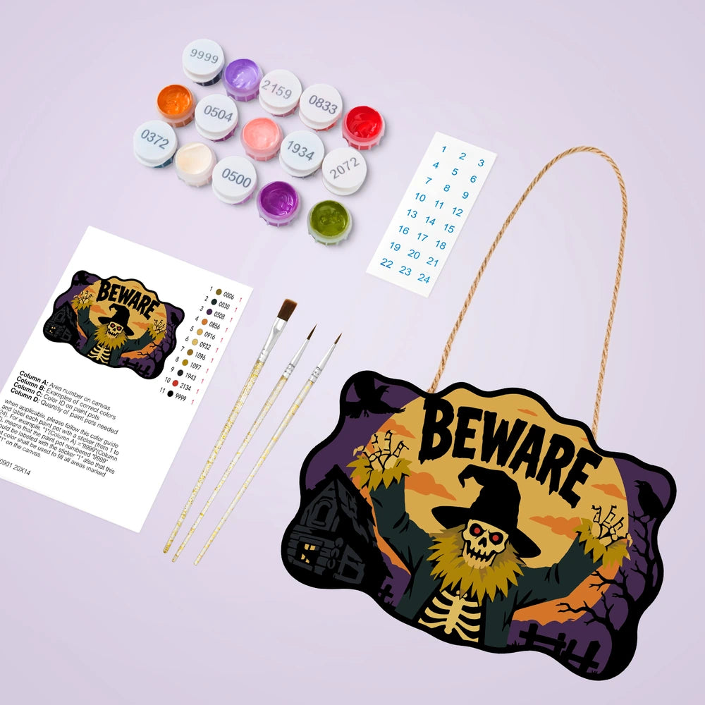 
Paint by Numbers - Wooden Door Hanger | Beware Skeleton Scarecrow