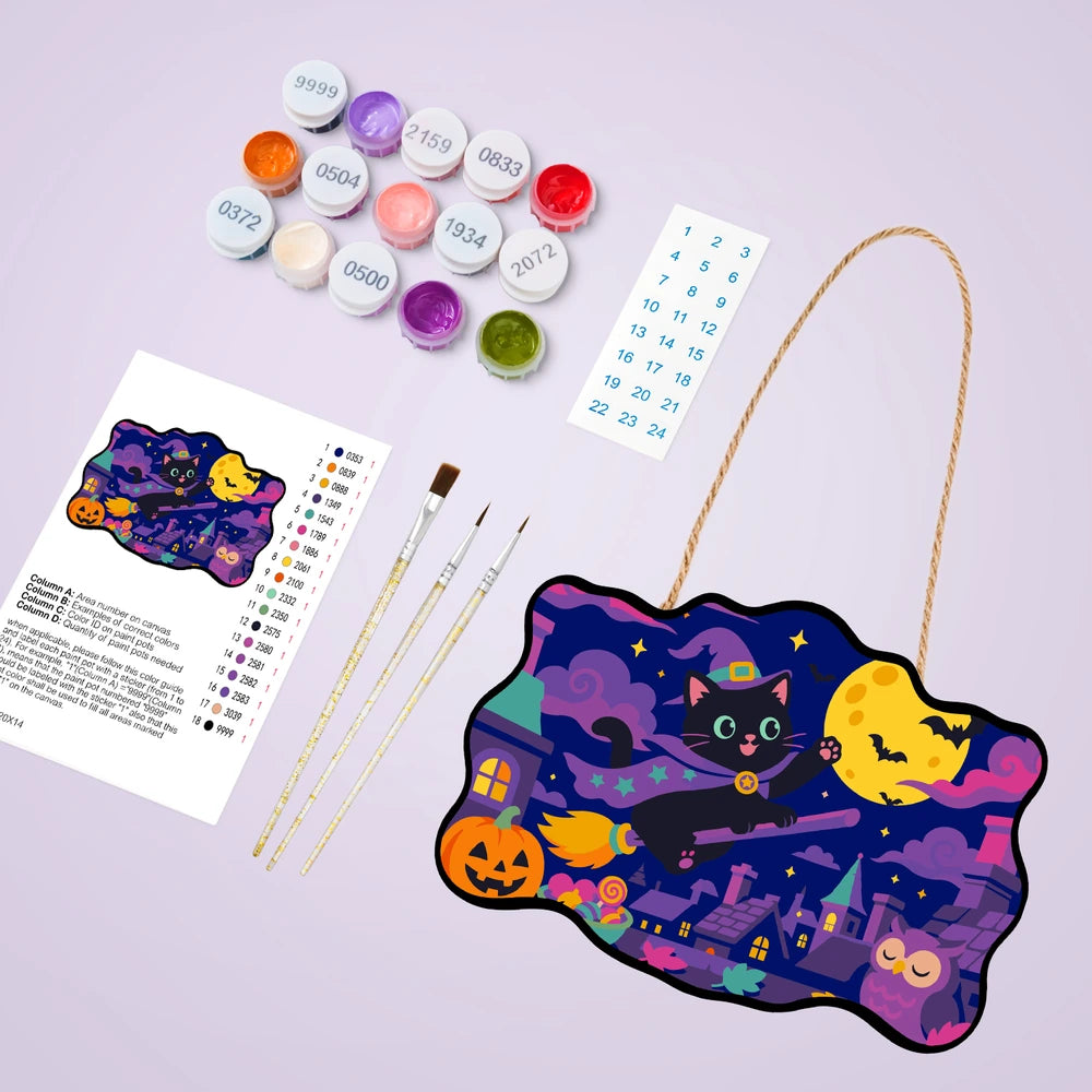
Paint by Numbers - Wooden Door Hanger | Black Cat Witch Flying Over Town