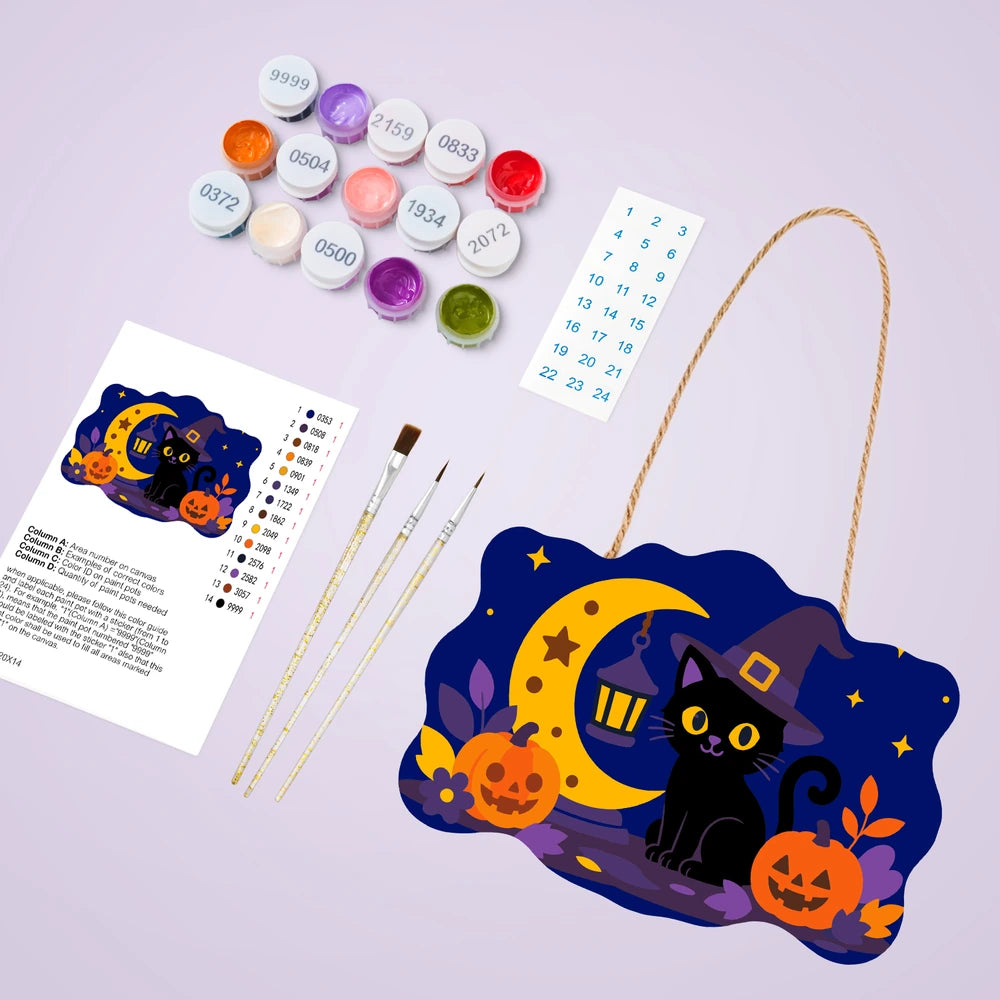 Paint by Numbers - Wooden Door Hanger | Black Cat Witch with a Lantern Moon