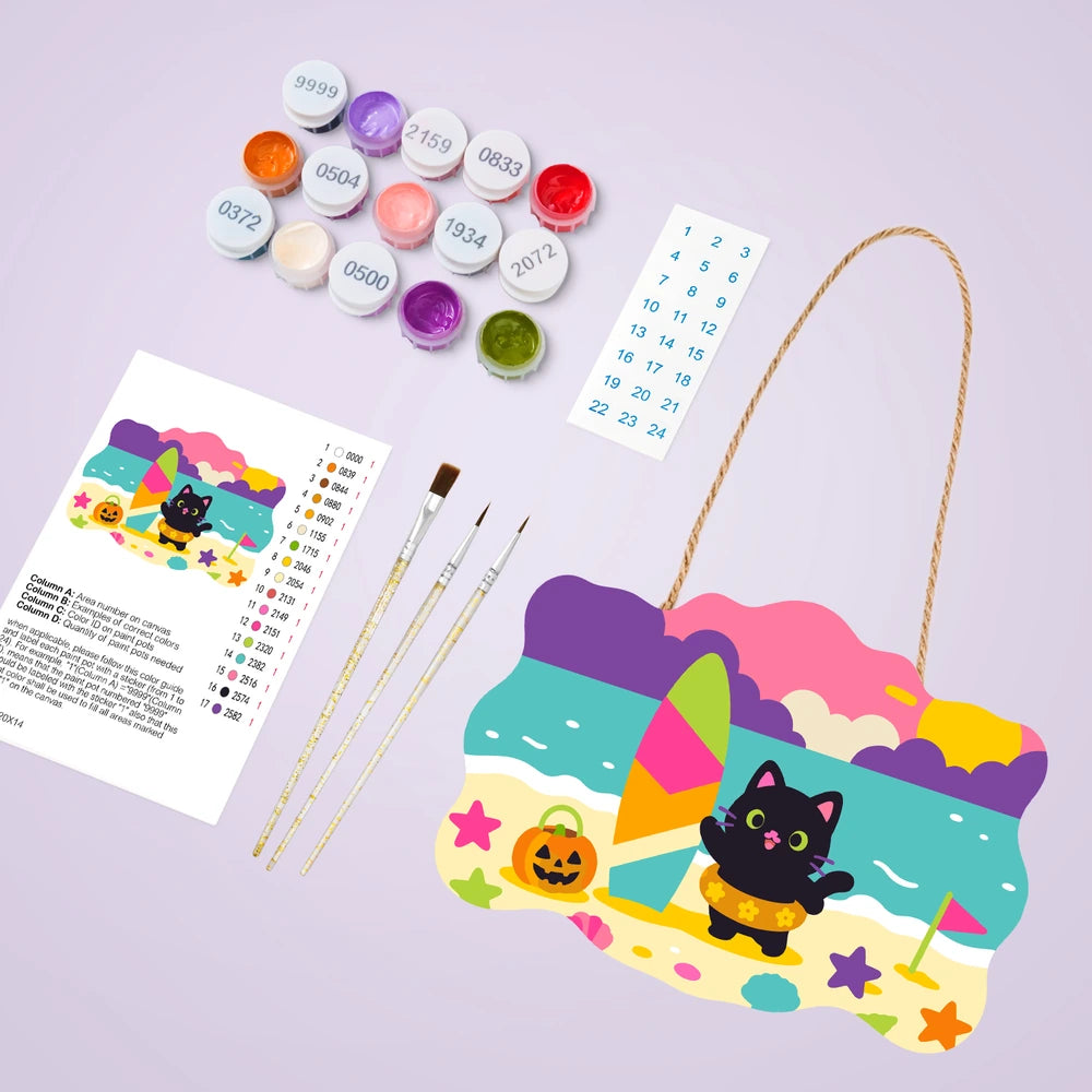 Paint by Numbers - Wooden Door Hanger | Black Cat at the Beach