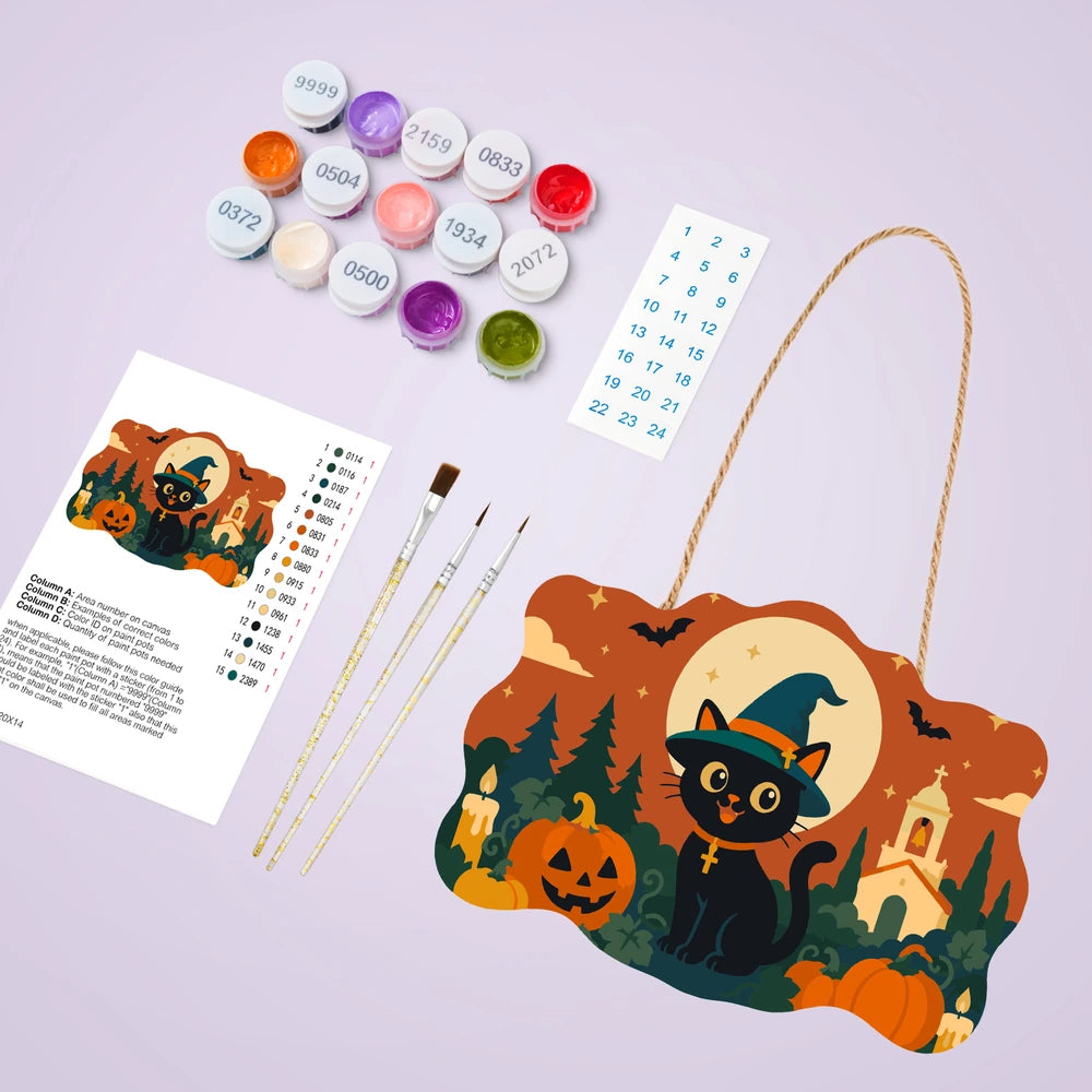Paint by Numbers - Wooden Door Hanger | Black Cat in a Witch Hat by the Church