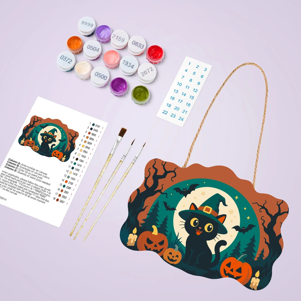 
Paint by Numbers - Wooden Door Hanger | Black Cat in a Witch Hat with Pumpkins