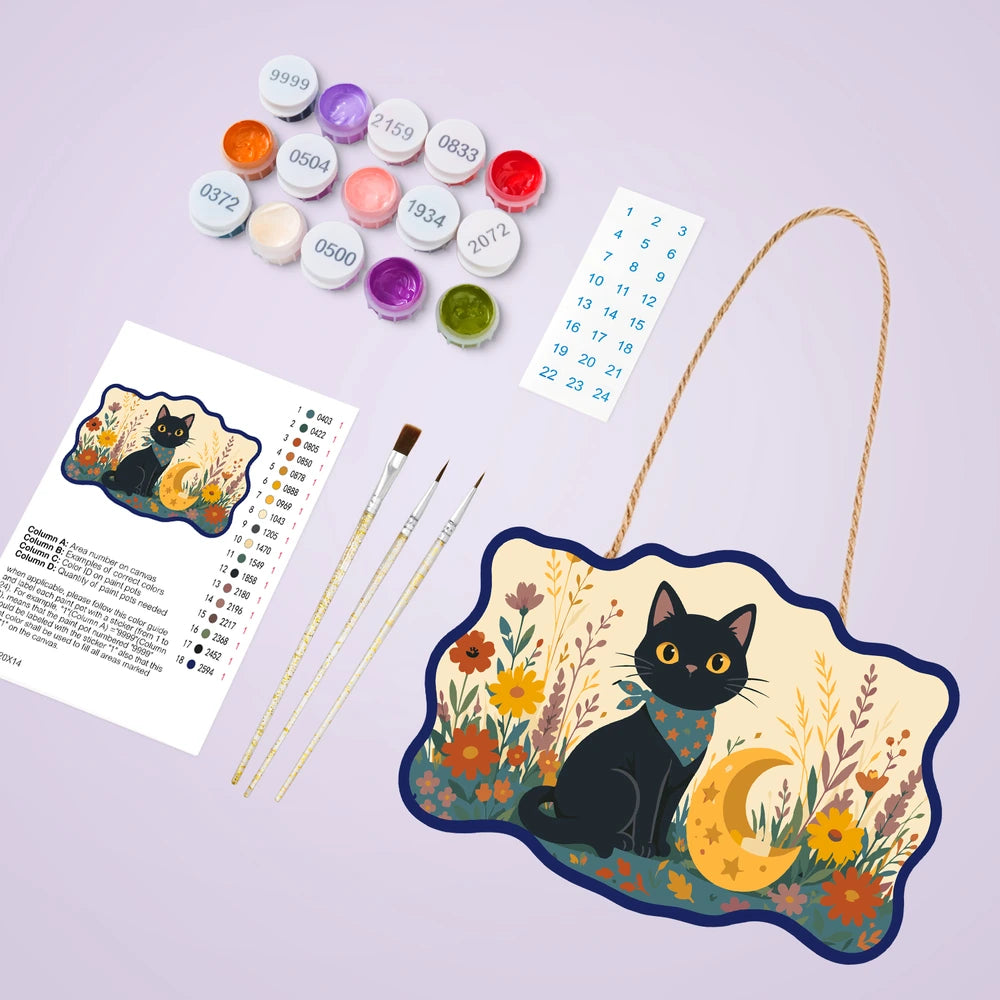 Paint by Numbers - Wooden Door Hanger | Black Cat with a Crescent Moon in the Meadow