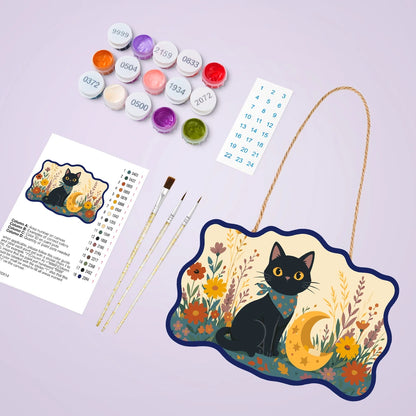Paint by Numbers - Wooden Door Hanger | Black Cat with a Crescent Moon in the Meadow