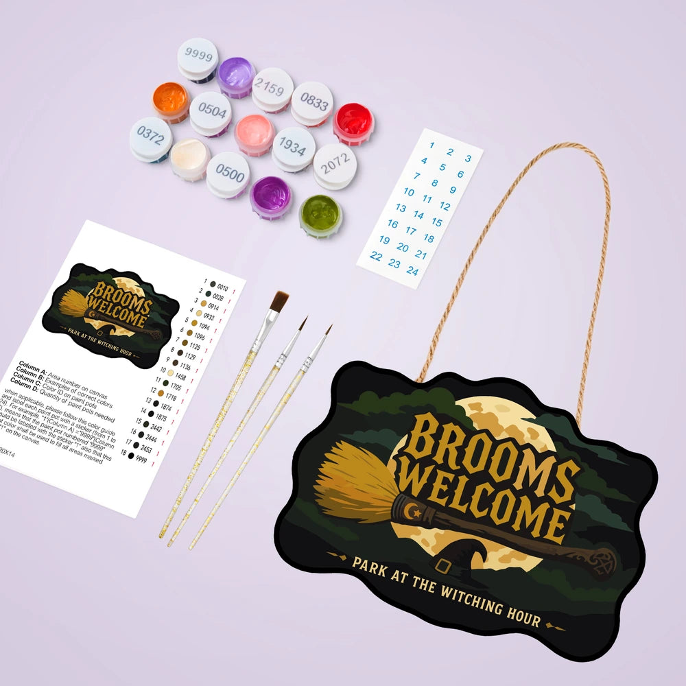 Paint by Numbers - Wooden Door Hanger | Brooms Welcome at the Witching Hour