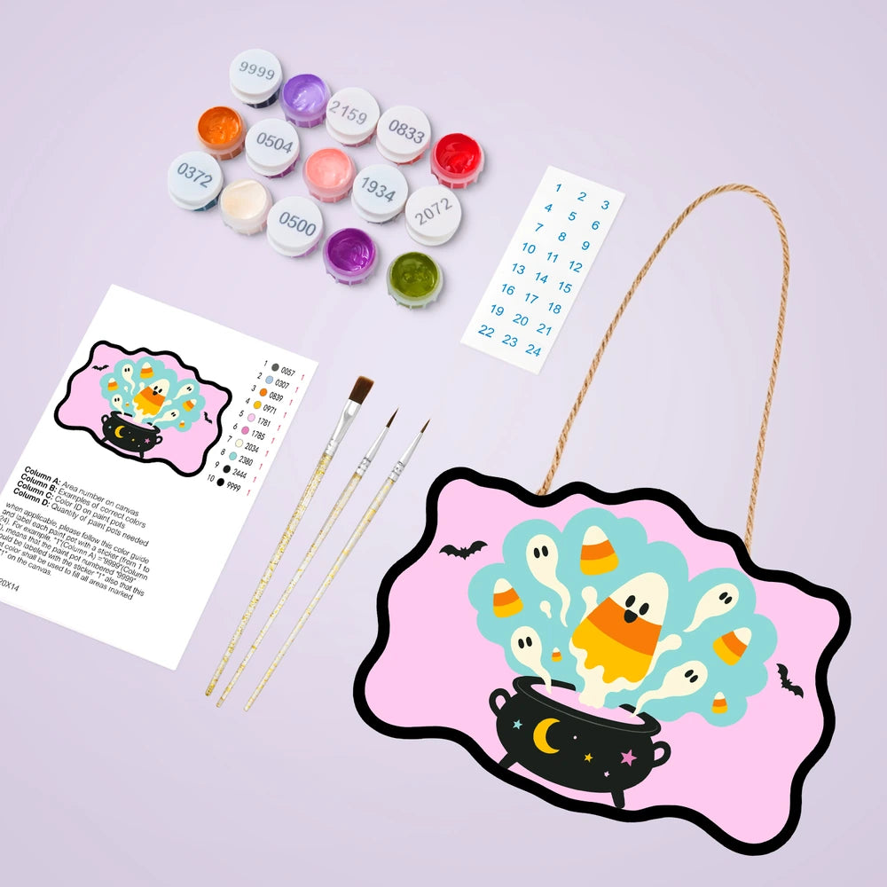 Paint by Numbers - Wooden Door Hanger | Candy Corn Ghosts in the Cauldron