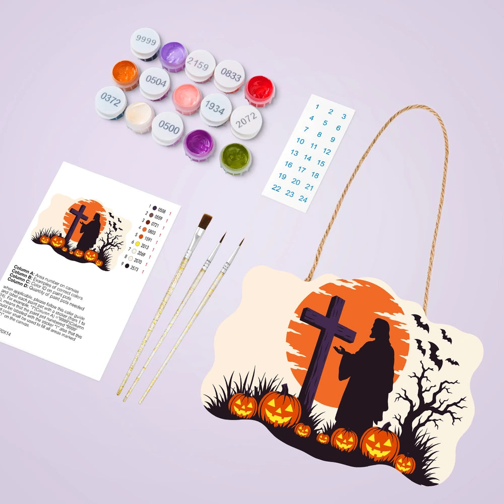 Paint by Numbers - Wooden Door Hanger | Cross at Sunset with Pumpkins