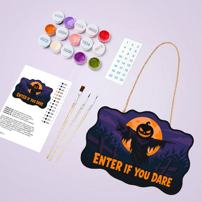 Paint by Numbers - Wooden Door Hanger | Enter If You Dare Pumpkin Scarecrow