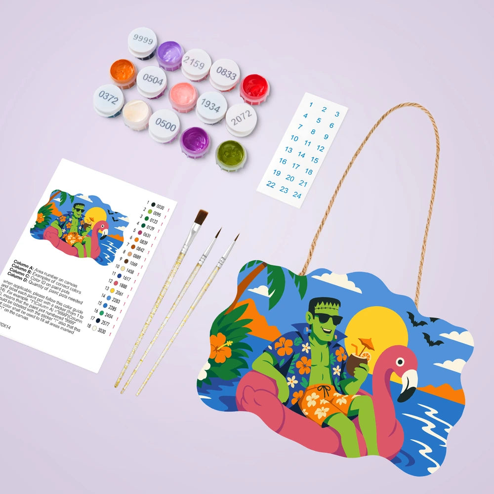 Paint by Numbers - Wooden Door Hanger | Frankenstein on a Flamingo Float