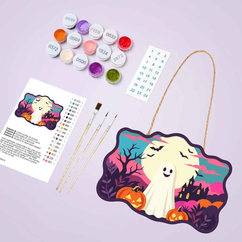 Paint by Numbers - Wooden Door Hanger | Friendly Ghost Under the Full Moon