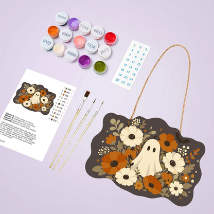 Paint by Numbers - Wooden Door Hanger | Ghost Among Autumn Flowers