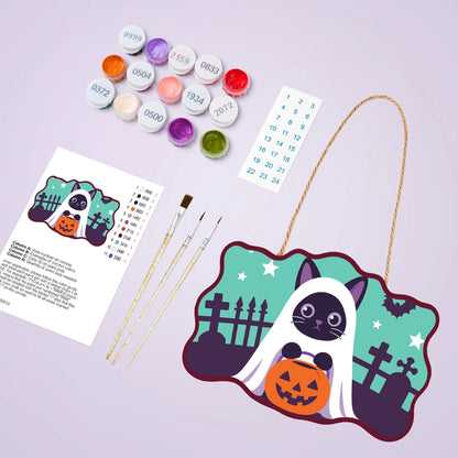 Paint by Numbers - Wooden Door Hanger | Ghost Cat with a Pumpkin