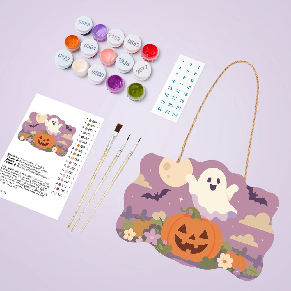 
Paint by Numbers - Wooden Door Hanger | Ghost Over a Jack-o'-Lantern at Dusk