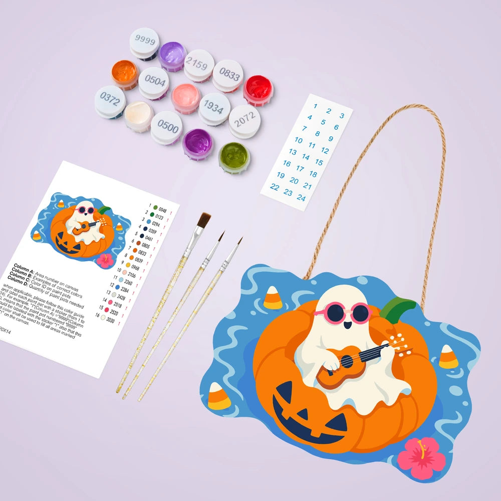 Paint by Numbers - Wooden Door Hanger | Ghost Playing Ukulele on a Pumpkin Float