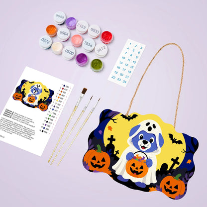 Paint by Numbers - Wooden Door Hanger | Ghost Puppy with a Candy Bucket