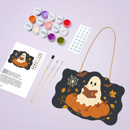 Paint by Numbers - Wooden Door Hanger | Ghost Reading on a Pumpkin