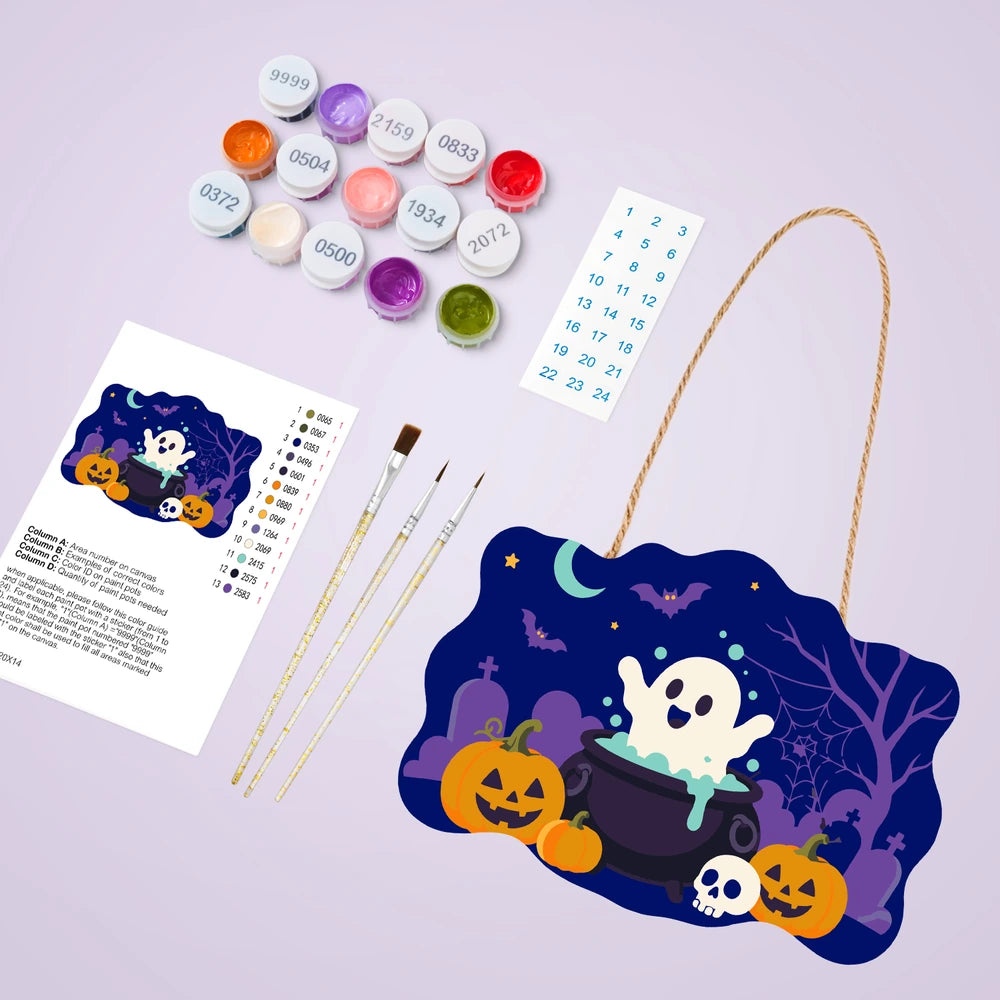 
Paint by Numbers - Wooden Door Hanger | Ghost in a Cauldron in the Graveyard