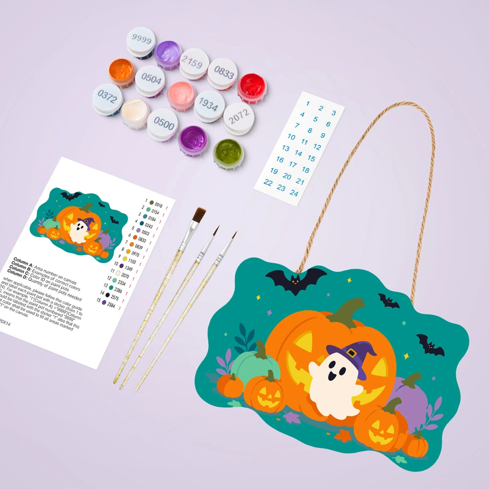 Paint by Numbers - Wooden Door Hanger | Ghost in a Witch Hat with Pumpkins
