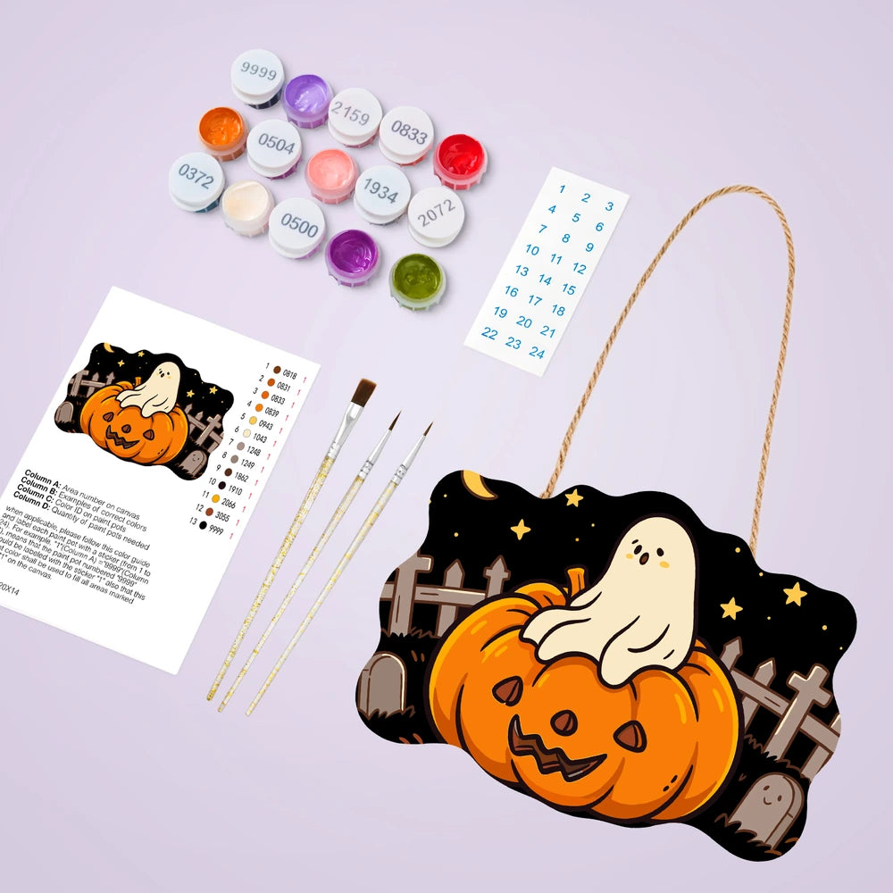 Paint by Numbers - Wooden Door Hanger | Ghost on a Jack-o'-Lantern in the Graveyard
