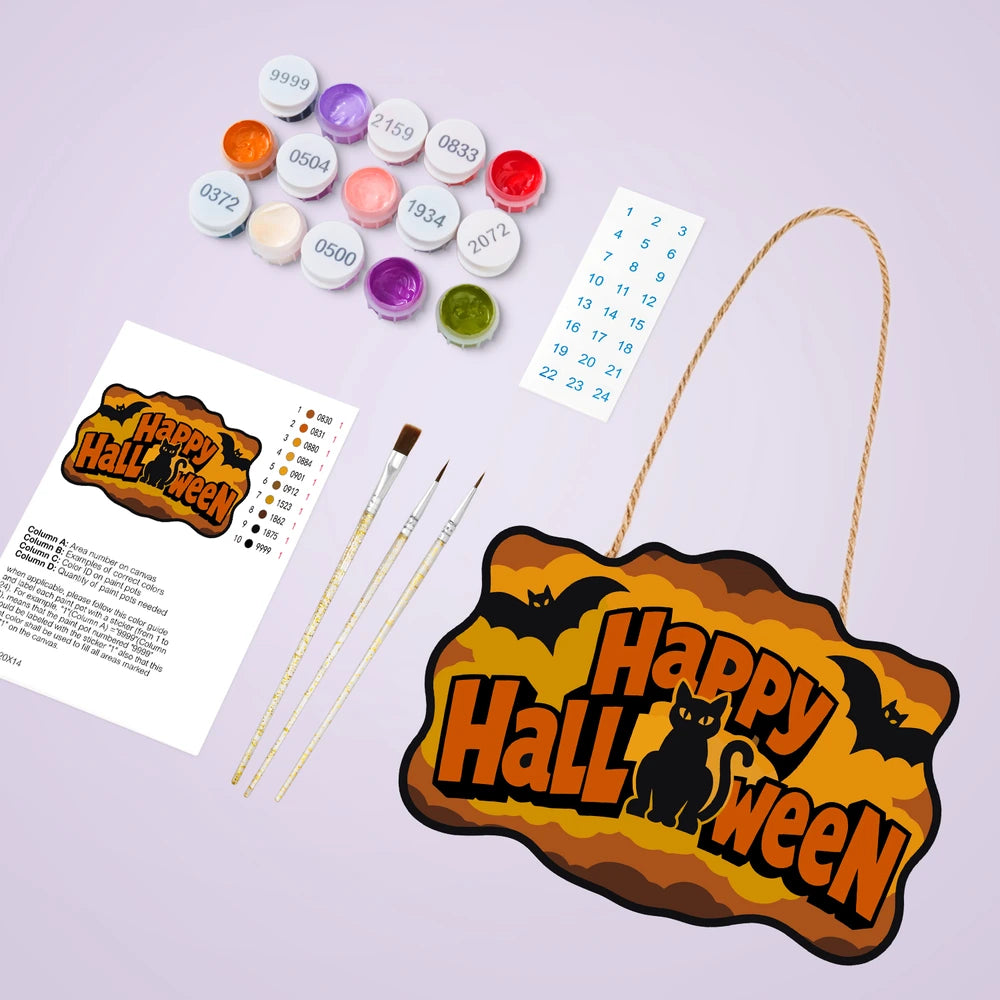 Paint by Numbers - Wooden Door Hanger | Happy Halloween Black Cat