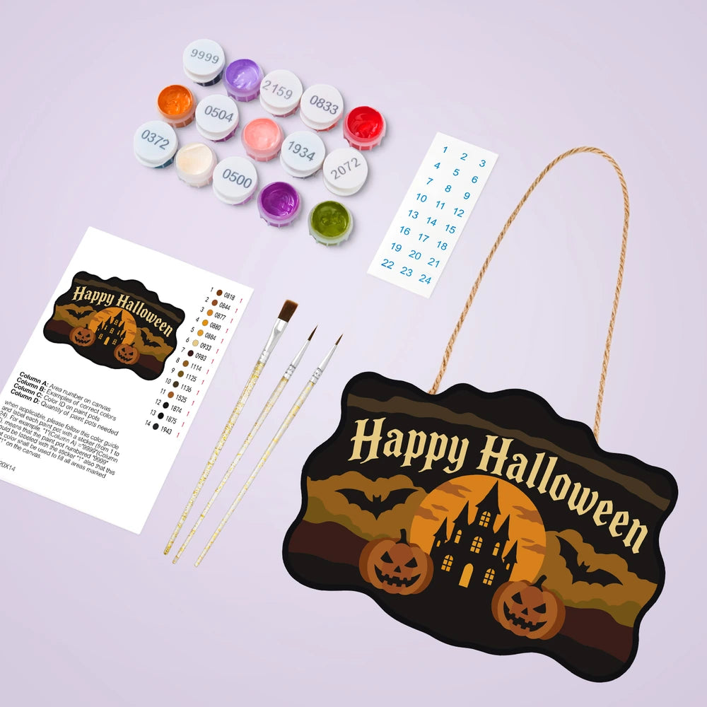 
Paint by Numbers - Wooden Door Hanger | Happy Halloween Castle and Pumpkins